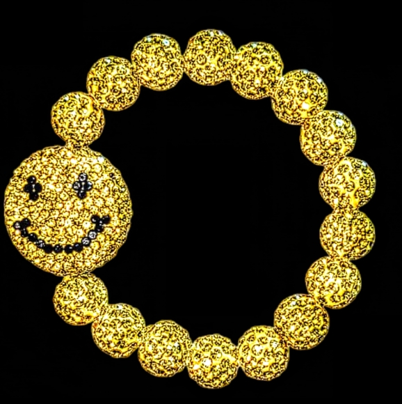 Golden Rhinestone Beaded Smiley Face Bracelet On Stretch Cord - Picture 3 of 4